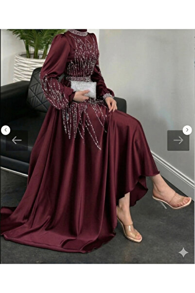 VAIMONI MODA Saten Taş Detaylı Uzun Tesettür Abiye (NİŞAN-DÜĞÜN)