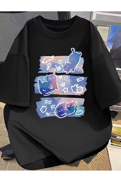 LELVANİ تي شيرت تريند منقوش على شكل قطة مطبوع للجنسين