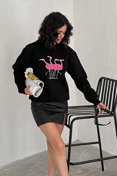 Balenbi 3 Thread Inside Fleece Flamingo Embroidered Ka Hooded Sweatshirt 1159