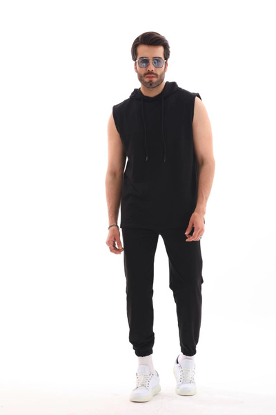 BÜŞRA TEZEL MODA طقم بدلة رياضية بدون أكمام بغطاء للرأس للجنسين - أسود