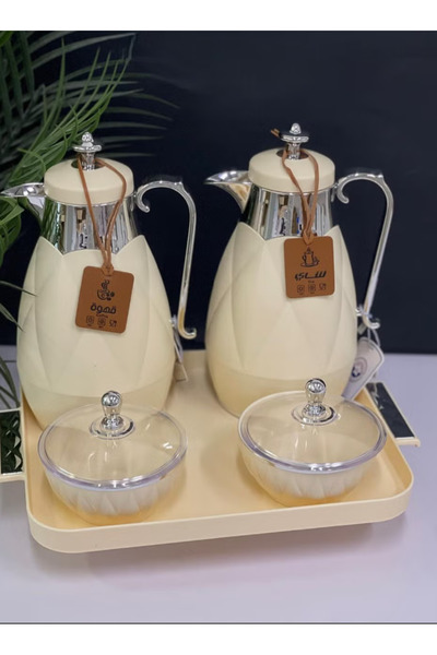 Generic 5-piece tea and coffee thermos set with serving tray, sugar bowl, and tea caddy