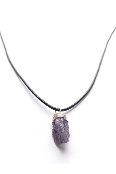 escoines koleksiyon Escoines Natural Amethyst Stone Pendant Handmade, Faux Leather Cord, Unisex Necklace 39963695070559043F