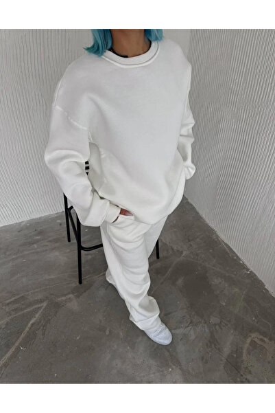 hibiscus Winter Crew Neck Basic Tracksuit Set - White