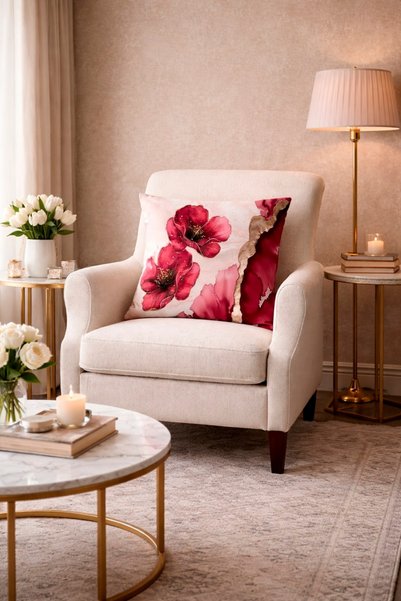 MİNOZA Digital Printed Cream Ground Fuchsia Floral Patterned Decorative Throw Pillow Case
