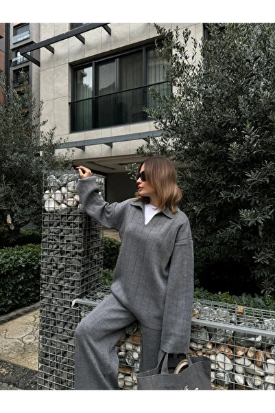 hibiscus Collared Stripe Detailed Knitwear Double Set - Smoked