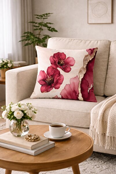 MİNOZA Digital Printed Cream Ground Fuchsia Floral Patterned Decorative Throw...