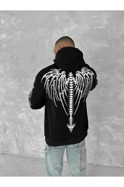 IVORA WEAR Üç İplik Uzun Kol Kapüşonlu Baskılı SweatShirt - Siyah