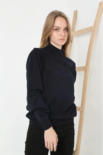 hibiscus Women's Half Turtleneck Knitwear Sweater - Navy Blue