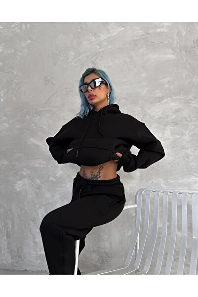 hibiscus Three Thread Hooded Tracksuit - Black