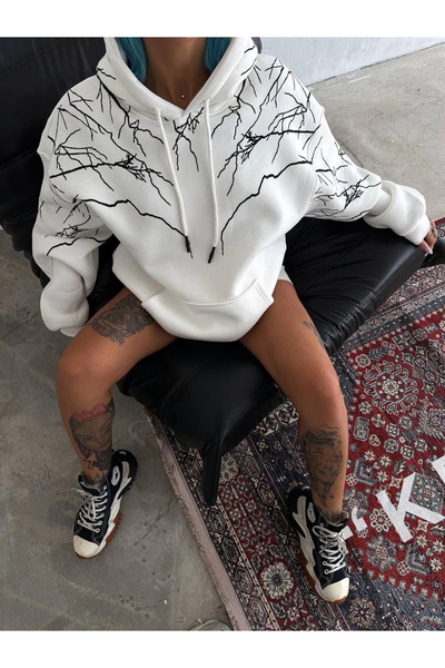 DOLİT    Lightning Printed Hooded Sweatshirt - White