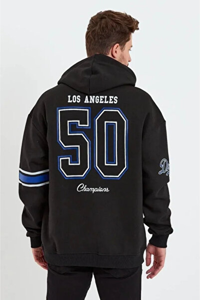 JANES Men's Printed Hooded Three Thread Oversize Sweatshirt - Black