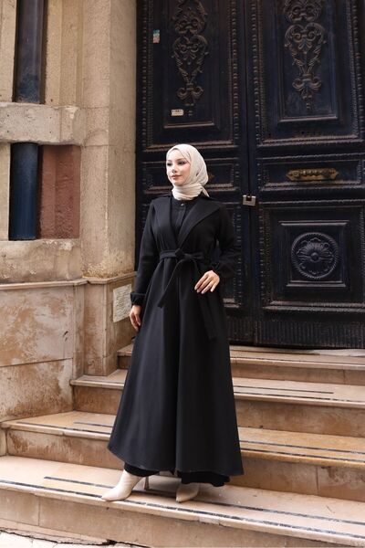 Tebessüm Kemer Detaylı Tam Boy Kaşe Kaban