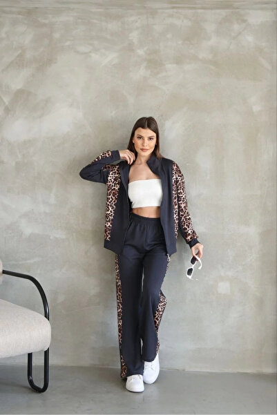 hibiscus Osy Modal Soft Textured Fabric Hooded Leopard Pattern Zippered Suit - Anthracite