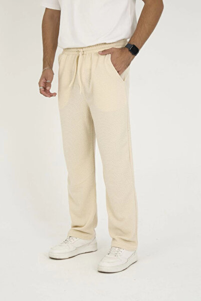 IVORA WEAR بنطال رياضي فضفاض منقوش من قماش الجاكار - بيج