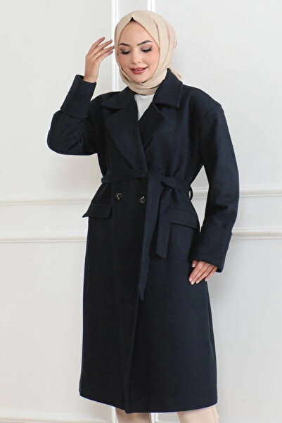 hibiscus Women's Buttoned Lined Cashmere Coat - Navy