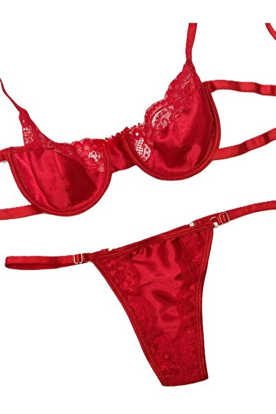 TAŞDELEN AVM Κόκκινο Σετ Σουτιέν Σατέν Αισθητικής