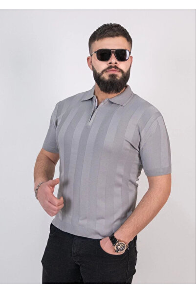 IVORA WEAR تي شيرت محبوك بياقة نصف سحاب - رمادي