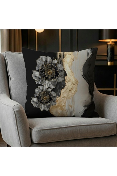 MİNOZA غطاء وسادة مزخرف بتصميم زهور ذهبية وتفاصيل سوداء رقم مطبوع