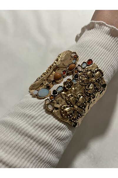 bonsesa Vintage Taşlı Kelepçe Bileklik, ZR Marka Model Kelepçe Bileklik, Gold...