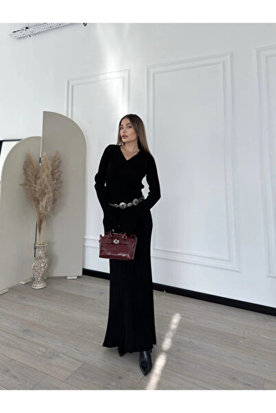 IVORA WEAR V-Neck Ribbed Long Dress - Black