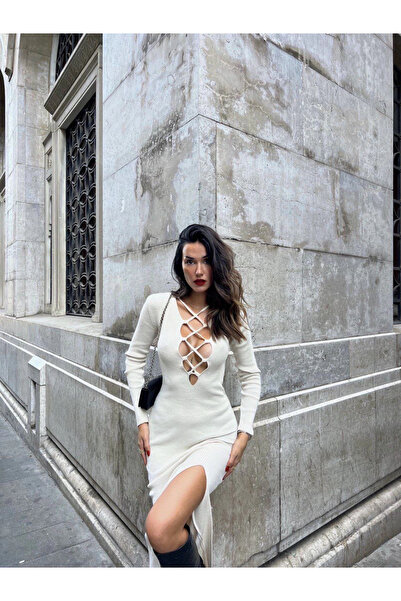 IVORA WEAR Cross Low-Cut Ribbed Knitwear Dress - White