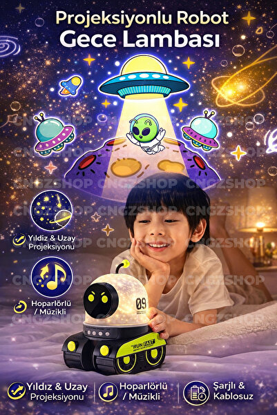 CNGZSHOP Robot Projeksiyon Gece Lambası Hoparlörlü Şarjlı Yıldızlı Gökyüzü LE...