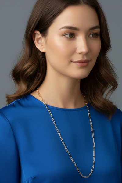 Rua Jewelry Steel Paper Clip Necklace - Extra Long 65 cm 5 mm Gold Color |   Non-Tarnishing, Unisex, 2 Years Warranty