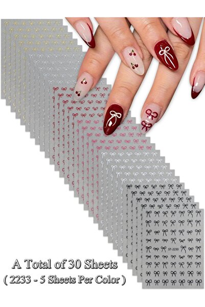Choice مجموعة ١٨ (٣٠ ورقة) ٦/١٢/١٨/٢٤/٣٠ ورقة ملصقات أظافر على شكل فيونكة، تص...