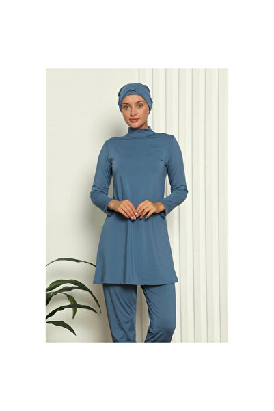 Narnuga MİRAY- ملابس سباحة كاملة التغطية L قماش قابل للتمدد باللون النيلي