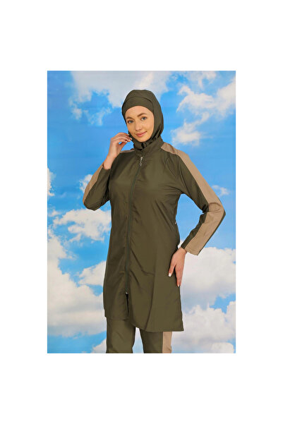 Narnuga Mi̇ray - Women's Full Coverage Hijab Swimsuit with Pants and Sleeves with Stripes Khaki