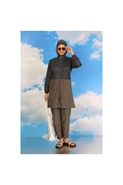 Narnuga Mi̇ray - Women's Patterned Full Hijab Swimsuit with Pants Smoked