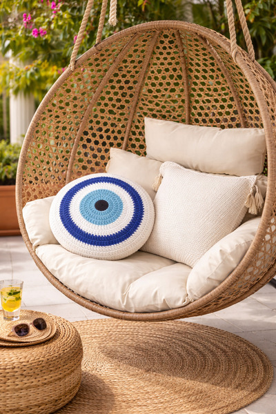 BY DİLEK ÇETİN ACCESSORY Home Textile Evil Eye Cream Color Throw Pillow - Cushion