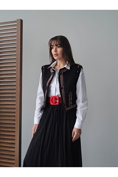 MAXXANA Soft Textured Leather Inside Buttoned Embroidered Crop Suede Vest