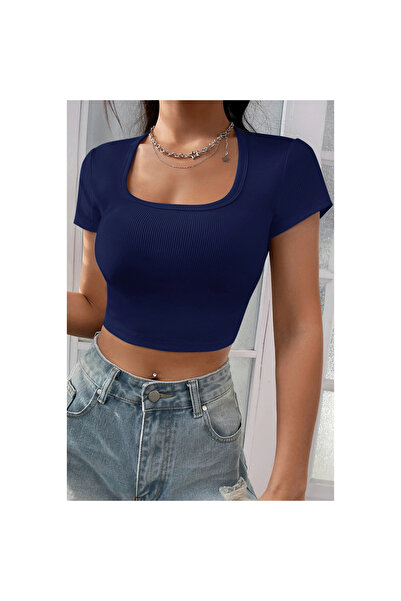 Narnuga Marsilyan- Women's Navy Blue Half Sleeve Straight Neck Crop Top Blouse