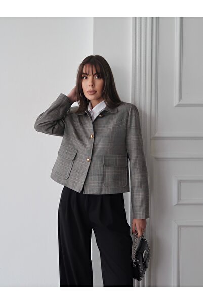 MAXXANA Plaid Gold Button Lined Crop Jacket