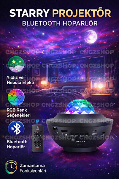 CNGZSHOP Projektör Bluetooth Hoparlör Gece Lambası RGB LED Işıklı Parti Hopar...