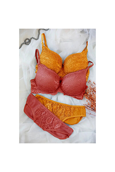 Narnuga Marsilyan- Women's Mustard and Brick Color Padded Underwire Bra Panties 2 Pack