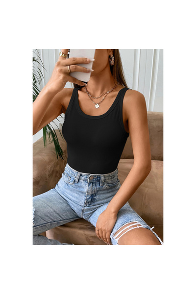 Narnuga Marsilyan- Women's Black Sleeveless Thick Strap Long Crop Top Blouse & Undershirt