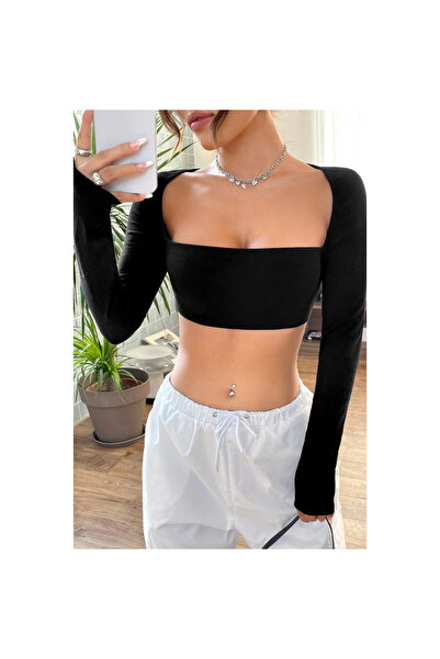 Narnuga Marsilyan- Women's Black Long Sleeve Chest and Back Low-Cut Crop Top Blouse