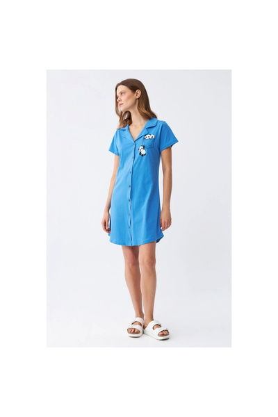 Narnuga Mi̇ray- Women's Cotton Combed Short Sleeve Buttoned Blue Tunic Nightgown