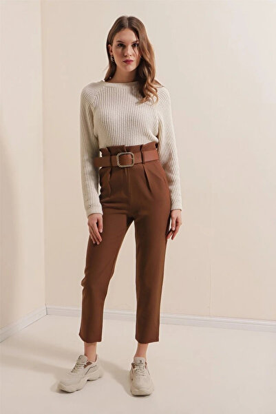 nedo7 6556 Belted Fabric Trousers - Brown