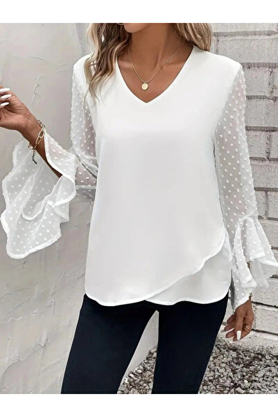 nedo7 Women's Long Sleeve V-Neck Sandy Blouse with Spanish Detail on the Sleeves