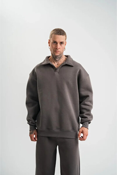 soonaksesuar Unisex Double Oversize Placket Collar Sweatshirt - Smoked