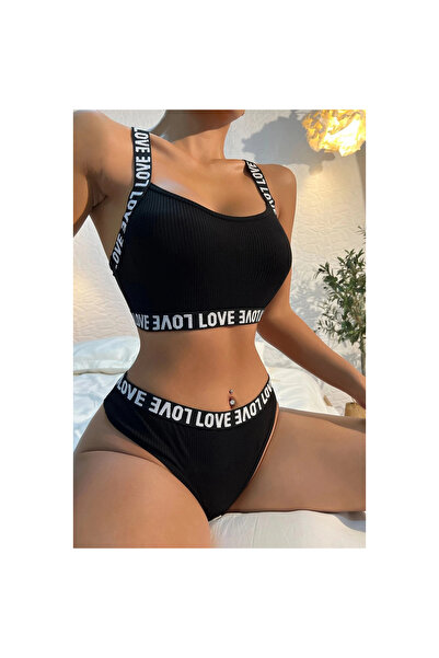 Narnuga Marsilyan- Women's Black Cross Back and Love Text Detailed Underwear Set