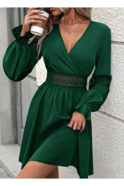 nedo7 Women's Long Sleeve Double-Breasted Collared Lace Zipper Detailed Mini Imported Crepe Dress