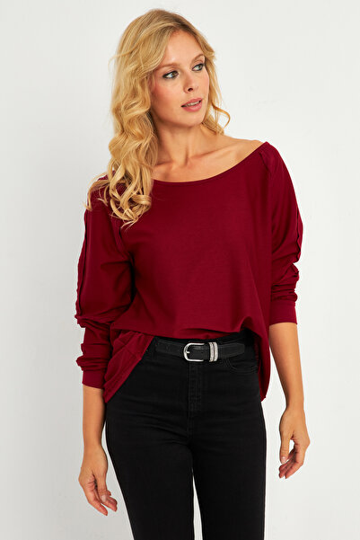 NEW JOURNAL Kadın Bordo Kayık Yaka Ters Dikişli Sweatshirt TF10