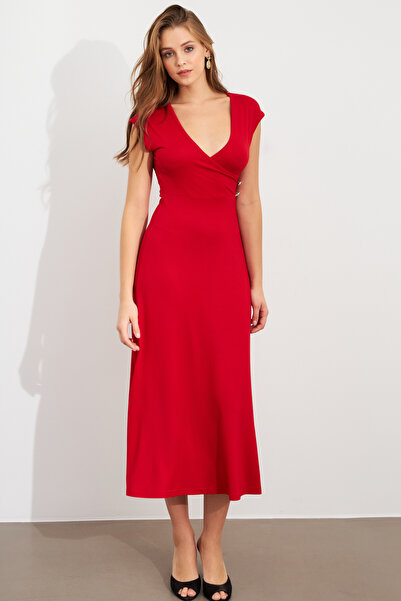 NEW JOURNAL Kadın Kırmızı Düğme Detaylı Kruvaze Midi Elbise EY0011