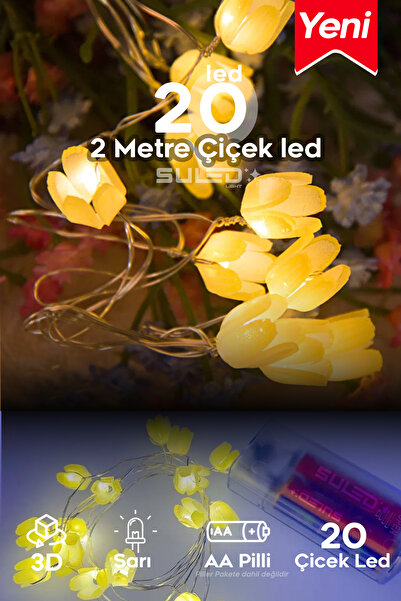 SULED Pilli 20 LED Sarı Çiçek Dekoratif Işık 2 Metre Gün Işığı İç Mekan Süsle...