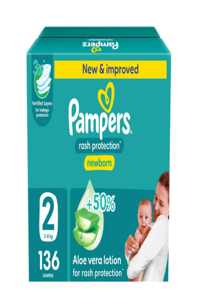 OFFER بامبرز - حفاضات واقية من الطفح الجلدي، مقاس ٢، علبة تحتوي على ١٣٦ حفاضة، ٨٧٠٠٢١٦٥٨٢١١٧، مقاس واحد