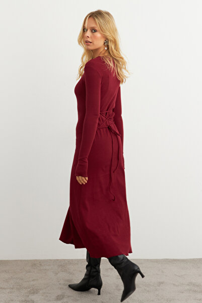 NEW JOURNAL Kadın Bordo Bağlamalı Kaşkorse Midi Elbise COL2268